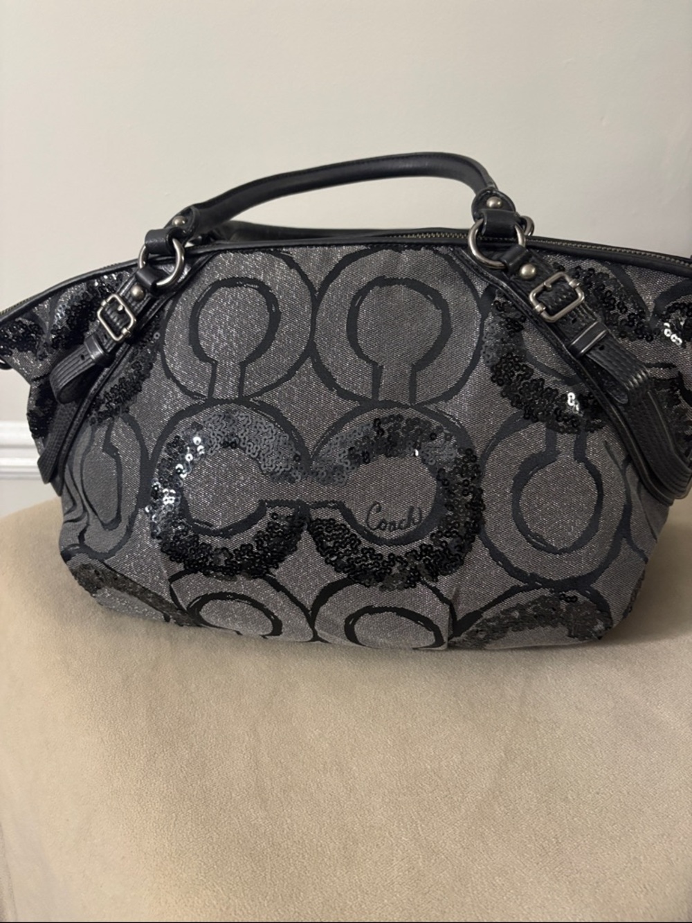 Coach Black and Gray Sequin Signature Satchel - Picture 3 of 4
